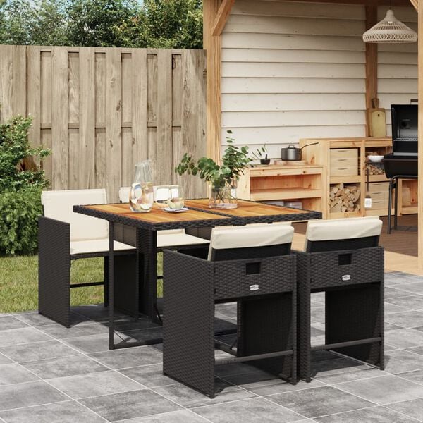 vidaXL 5 Piece Garden Dining Set with Cushions Black Poly Rattan