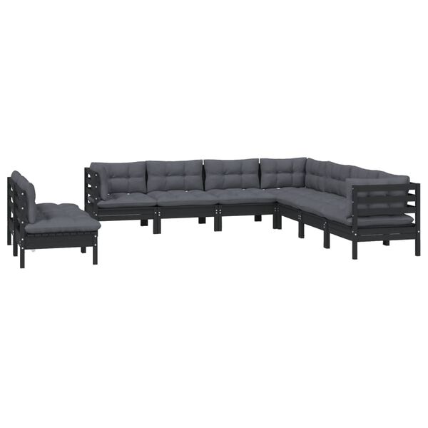 vidaXL 9 Piece Garden Lounge Set with Cushions Black Solid Pinewood