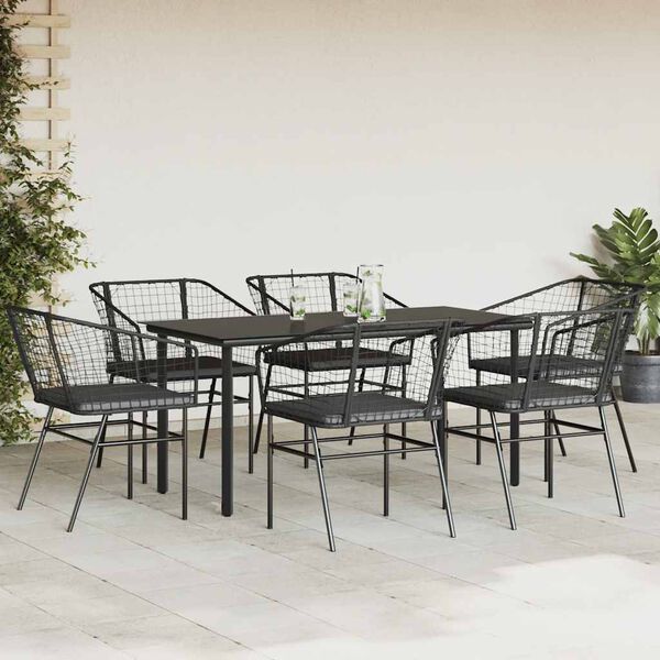 vidaXL 7 Piece Garden Dining Set with Cushions Black Poly Rattan Glass
