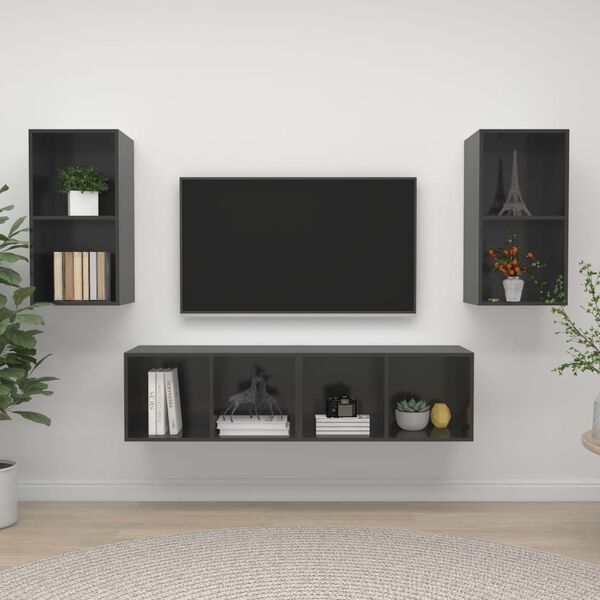 vidaXL Wall-mounted TV Cabinets 4 pcs High Gloss Grey Engineered Wood