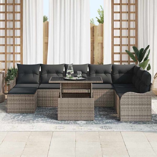 vidaXL Garden Sofa Set with Cushion 9 pcs Grey Poly rattan