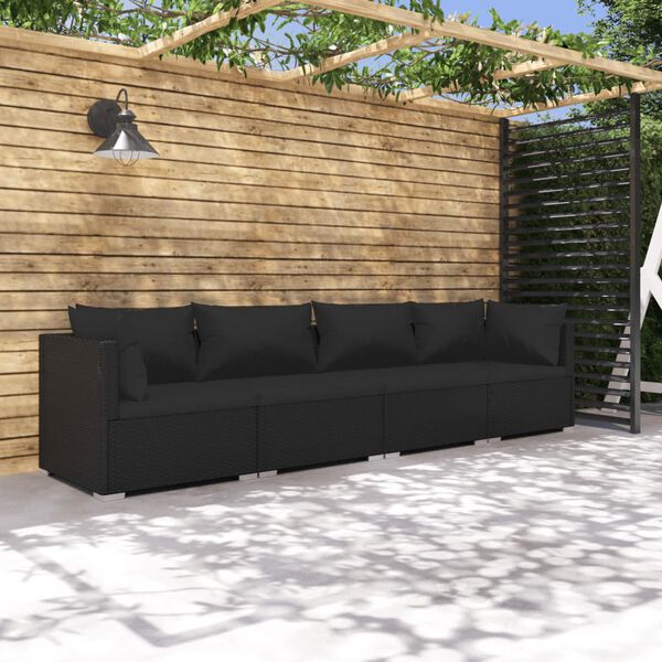 vidaXL 4 Piece Garden Lounge Set with Cushions Poly Rattan Black