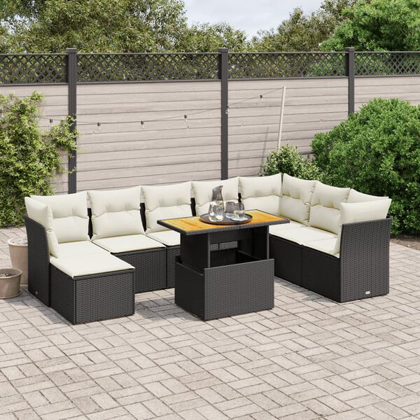 vidaXL 9 Piece Garden Sofa Set with Cushions Black Poly Rattan