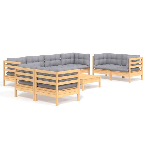 vidaXL 9 Piece Garden Lounge Set with Grey Cushions Solid Pinewood
