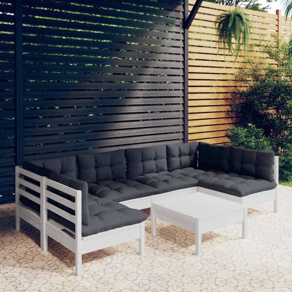 vidaXL 7 Piece Garden Lounge Set with Cushions White Solid Pinewood