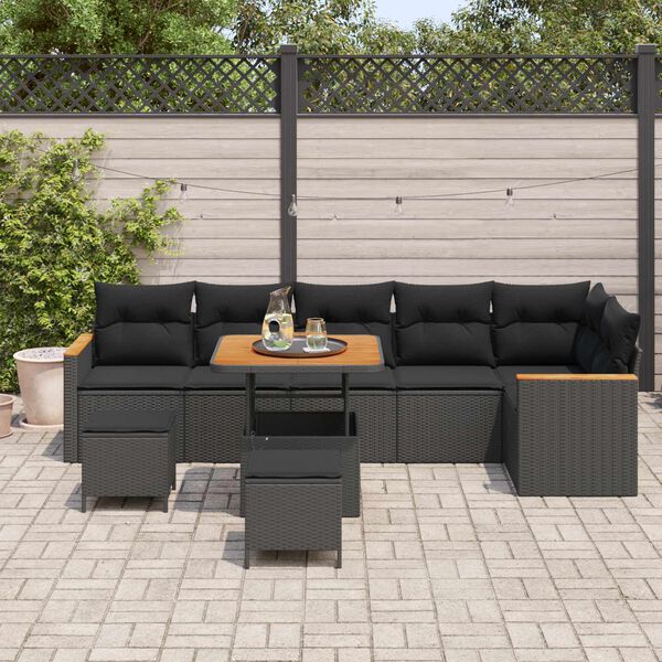 vidaXL Garden Sofa Set with Cushion 9 pcs Black Poly rattan