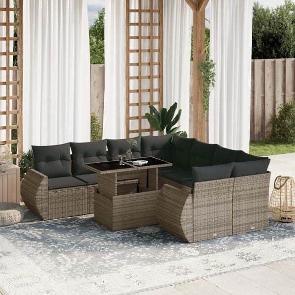 vidaXL 9 Piece Garden Sofa Set with Cushions Grey Poly Rattan
