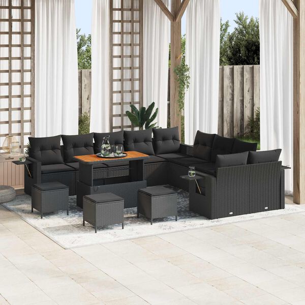 vidaXL Garden Sofa Set with Cushion 14 pcs Black Poly Rattan