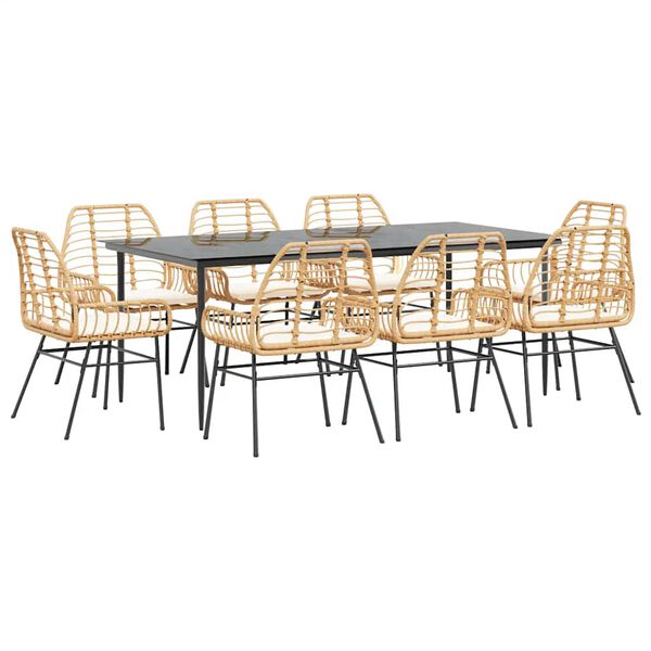 vidaXL 9 Piece Garden Dining Set with Cushions Brown Poly Rattan Glass