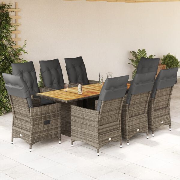 vidaXL 9 Piece Garden Dining Set with Cushions Grey Poly Rattan