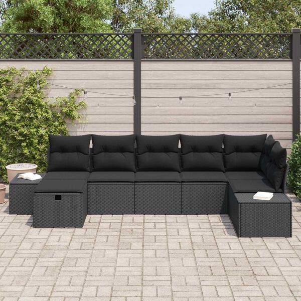 vidaXL Garden Sofa Set with Cushion 7 pcs Black Poly Rattan