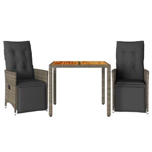 vidaXL 3 Piece Garden Bistro Set with Cushions Grey Poly Rattan