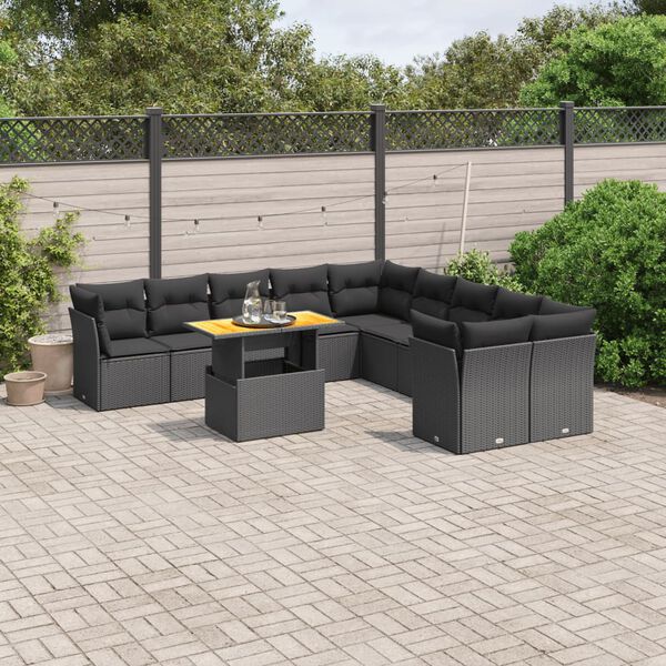 vidaXL 11 Piece Garden Sofa Set with Cushions Black Poly Rattan