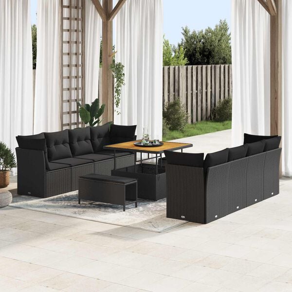 vidaXL Garden Sofa Set Height-Adjustable 11 pcs Black Poly Rattan
