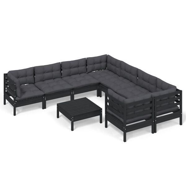 vidaXL 9 Piece Garden Lounge Set with Cushions Black Pinewood