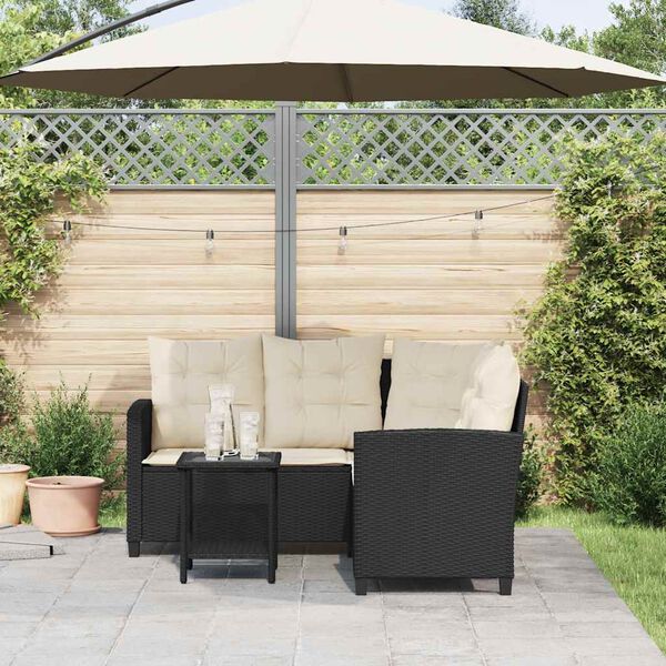 vidaXL Garden Sofa with Table&Cushions L-shaped Black Poly Rattan