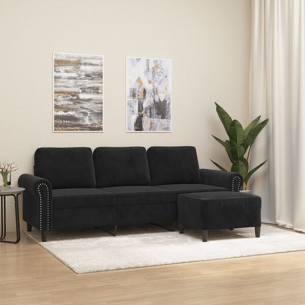 vidaXL 3-Seater Sofa with Footstool Black 180 cm Velvet