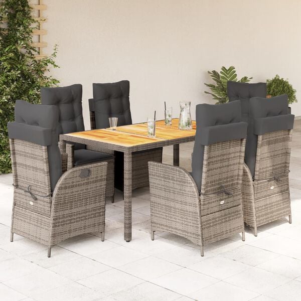 vidaXL 7 Piece Garden Dining Set with Cushions Grey Poly Rattan