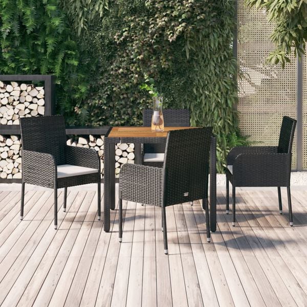 vidaXL 5 Piece Garden Dining Set with Cushions Black Poly Rattan