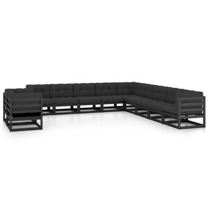 vidaXL 11 Piece Garden Lounge Set with Cushions Black Solid Pinewood
