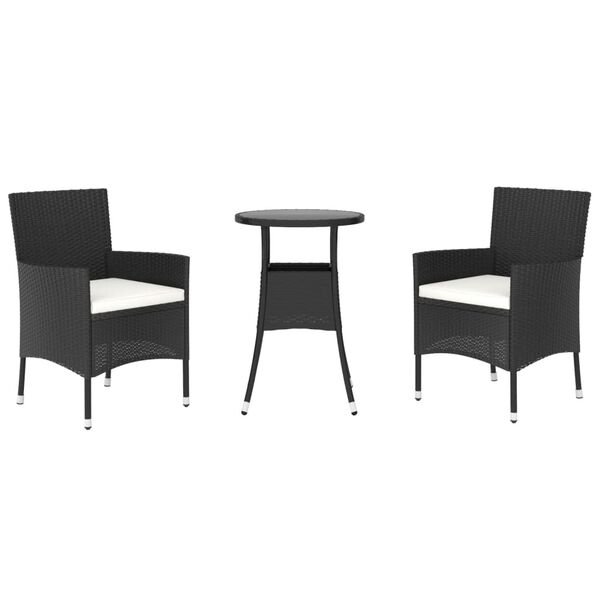 vidaXL 3 Piece Garden Bistro Set with Cushions Black Poly Rattan