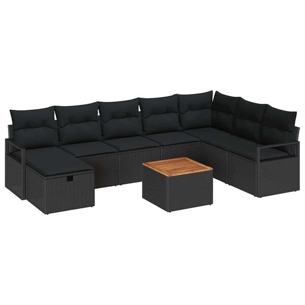 vidaXL Garden Sofa Set with Cushion 9 pcs Black Poly rattan