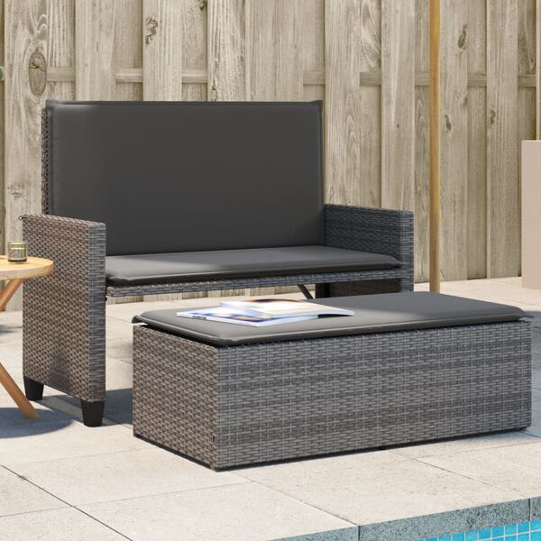 vidaXL Garden Bench with Cushions and Footstool Grey Poly Rattan