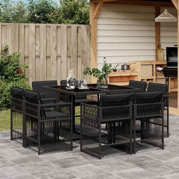 vidaXL 9 Piece Garden Dining Set with Cushions Black Poly Rattan