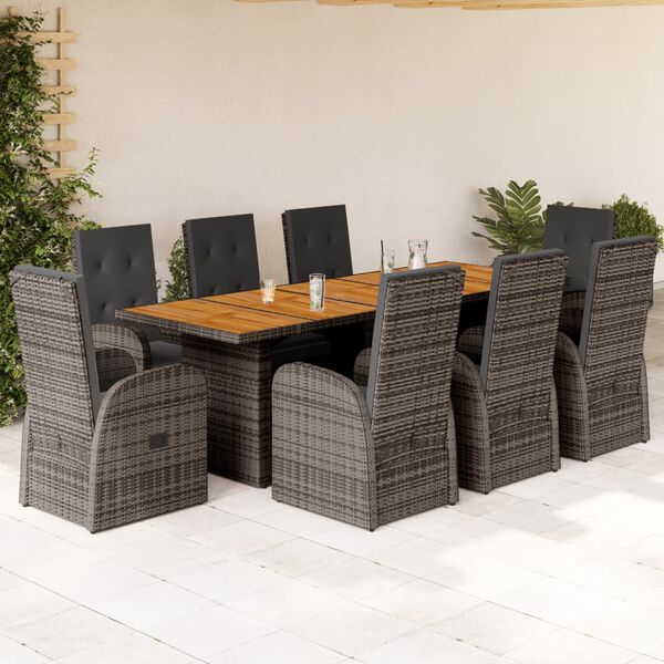 vidaXL 9 Piece Garden Dining Set with Cushions Grey Poly Rattan