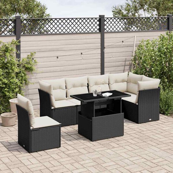 vidaXL 7 Piece Garden Sofa Set with Cushions Black Poly Rattan