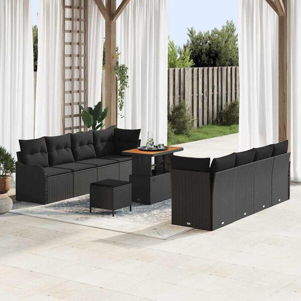 vidaXL Garden Sofa Set Height-Adjustable 11 pcs Black Poly Rattan