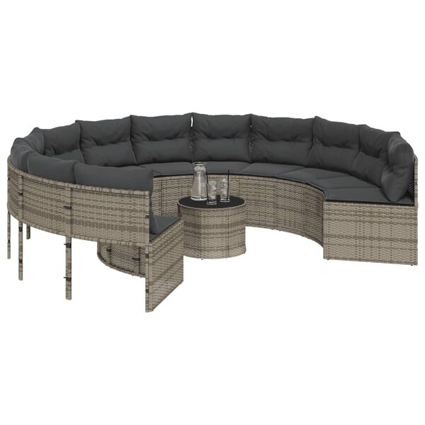 vidaXL Garden Sofa with Table and Cushions Round Grey Poly Rattan