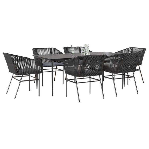 vidaXL 7 Piece Garden Dining Set with Cushions Black Poly Rattan Glass