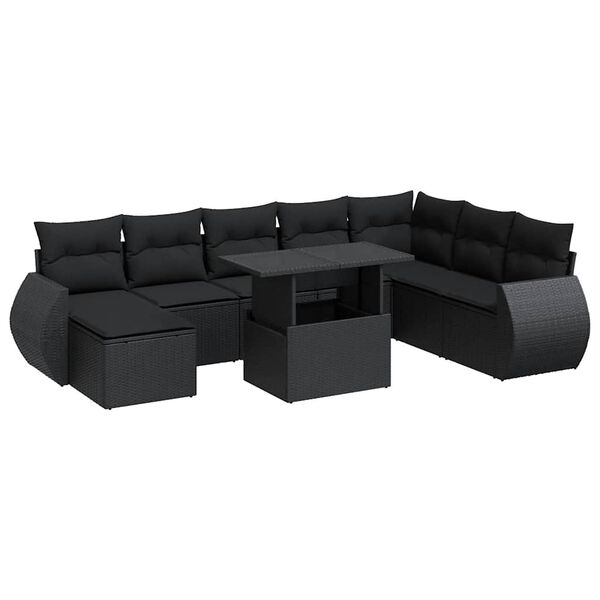 vidaXL 9 Piece Garden Sofa Set with Cushions Black Poly Rattan