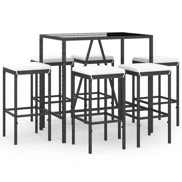 vidaXL 7 Piece Garden Bar Set with Cushions Black Poly Rattan
