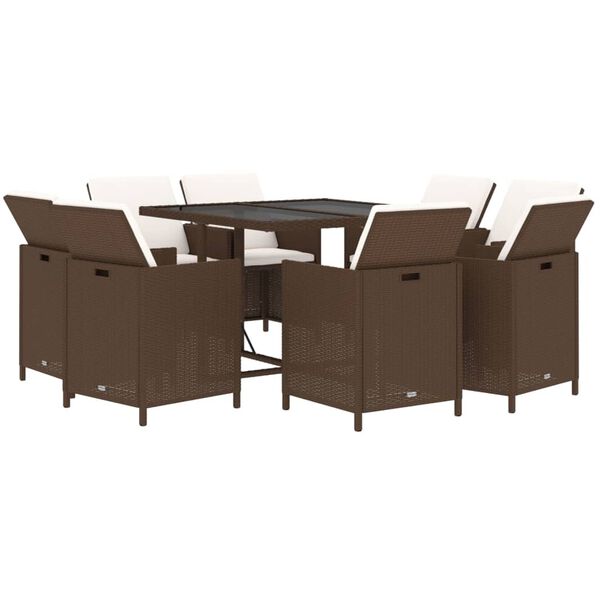 vidaXL 9 Piece Garden Dining Set with Cushions Poly Rattan Brown