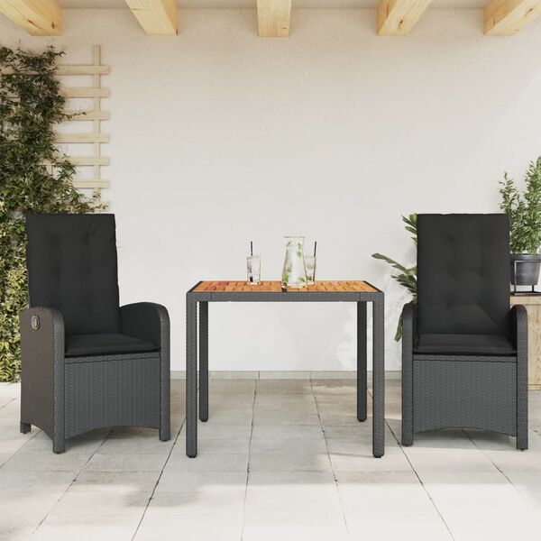 vidaXL 3 Piece Garden Dining Set with Cushions Black Poly Rattan