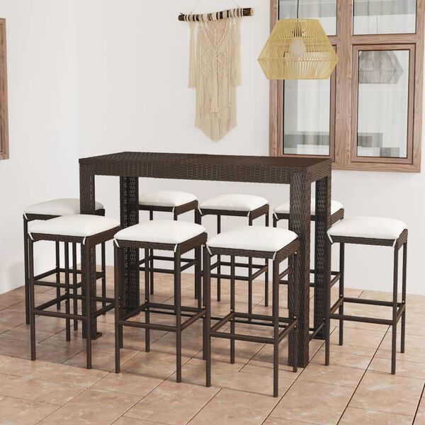 vidaXL 9 Piece Garden Bar Set with Cushions Poly Rattan Brown
