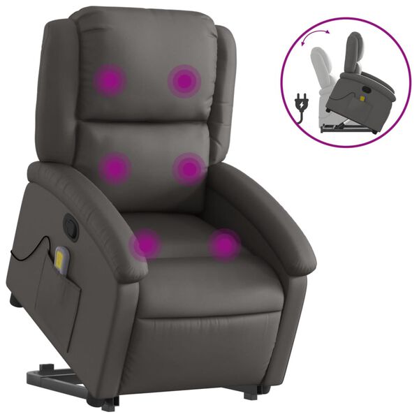 vidaXL Stand up Massage Recliner Chair Grey Real Leather