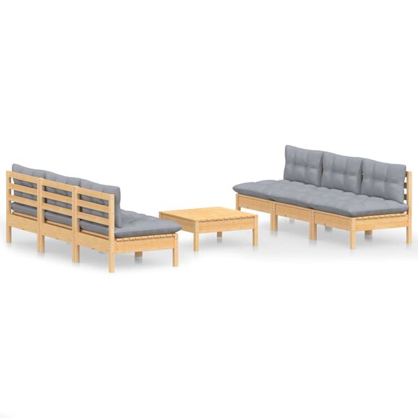 vidaXL 7 Piece Garden Lounge Set with Grey Cushions Pinewood