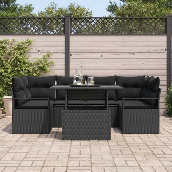 vidaXL Garden Sofa Set with Storage 7 pcs Black Poly rattan
