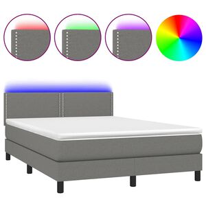 vidaXL Box Spring Bed with Mattress&LED Dark Grey 137x187 cm Double Size Fabric