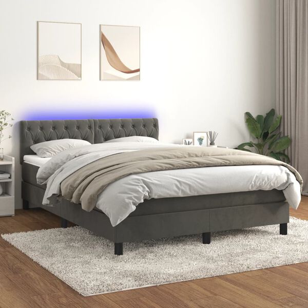 vidaXL Box Spring Bed with Mattress&LED Dark Grey 137x187 cm Double Size Velvet