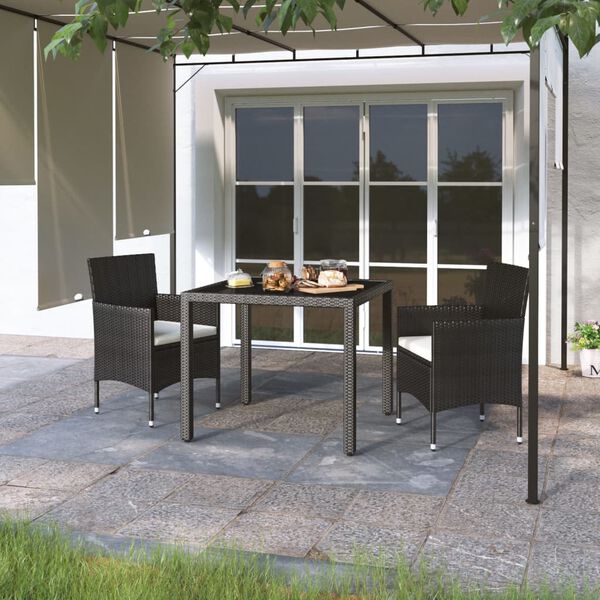 vidaXL 3 Piece Garden Dining Set Poly Rattan and Tempered Glass Black