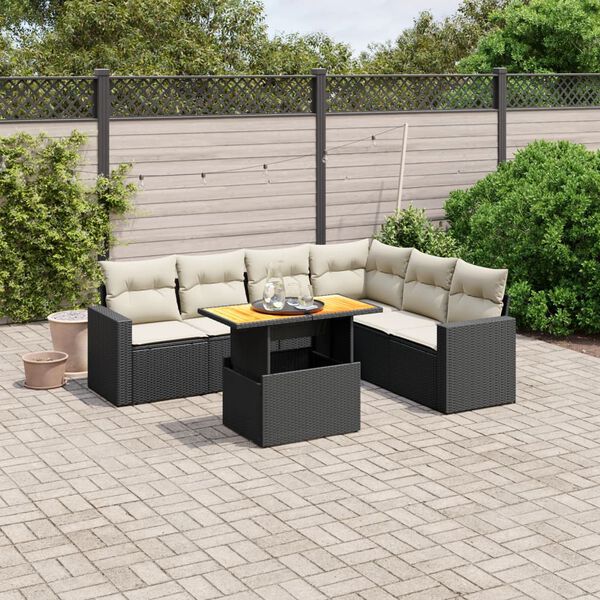 vidaXL 7 Piece Garden Sofa Set with Cushions Black Poly Rattan