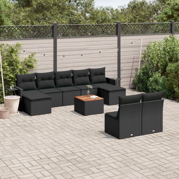 vidaXL 10 Piece Garden Sofa Set with Cushions Black Poly Rattan