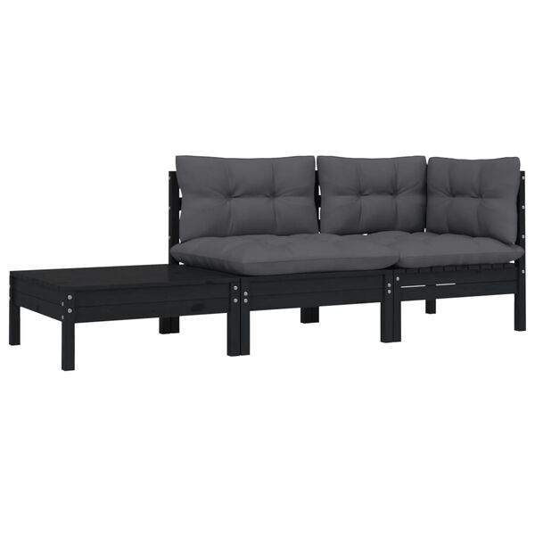 vidaXL 3 Piece Garden Lounge Set with Cushions Black Solid Pinewood