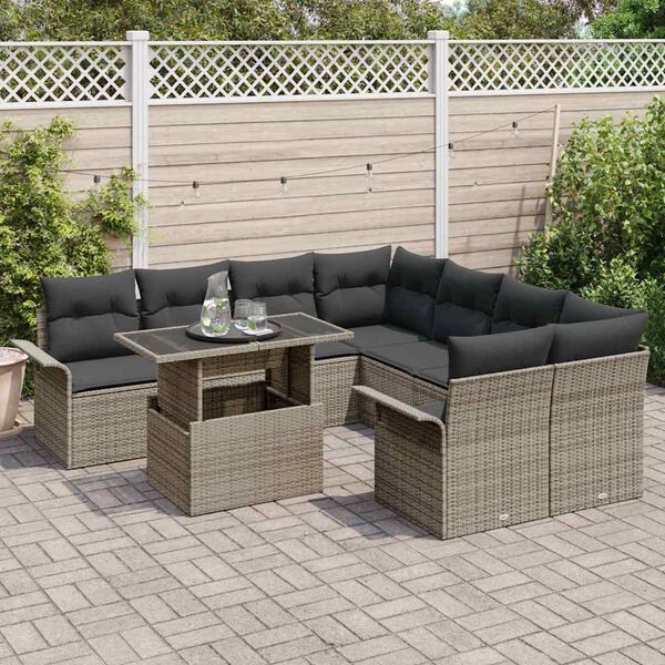 vidaXL Garden Sofa Set with Cushion 9 pcs Grey Poly Rattan