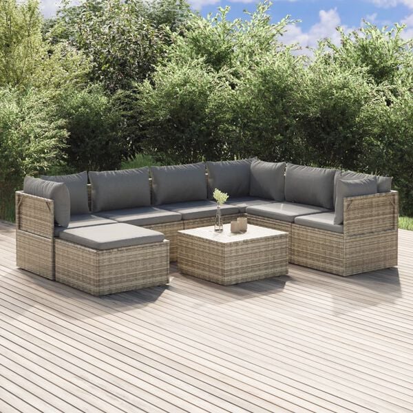vidaXL 8 Piece Garden Lounge Set with Cushions Grey Poly Rattan