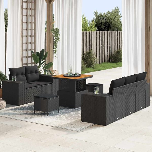 vidaXL Garden Sofa Set with Cushion 8 pcs Black Poly Rattan